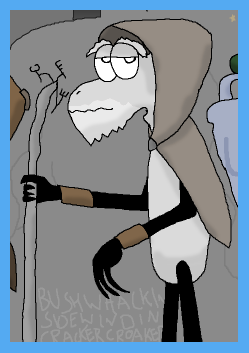 elderly male Gnoll with staff and monkish robe