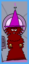 Fuzz in tall, conical purple hat