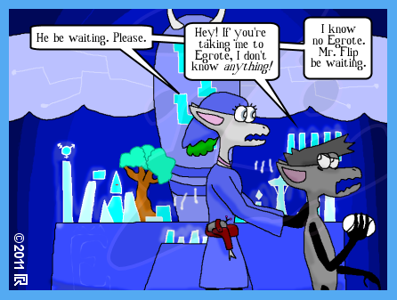 two Gnolls, one wearing blue robes and headscarf, in front of a table covered with sacred objects