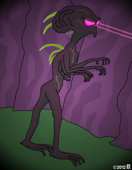 bipedal dark-purple creature with quite a humanoid body and legs but with multiple arms in a variety of sizes, a backwards-bulging head, pointy beak, pink eyes shooting out beams of light, and long bright-green spikes or feathers extending from the spine and the back of the head