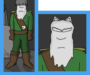on the left a heavily-built humanoid in a green military uniform, the face covered by an all-over white beard, wearing a helmet: on the right a close-up of the same white-furred face, bare-headed and showing upright, wolf-type ears