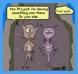 two creatures floating inside a cotnainer of liquid, the one on the left loosely resembling a pale brown, horned gibbon with a proportionately large head, while the one on the right is something like a mauve shrimp with mammal-like eyes, and tentacles around the mouth