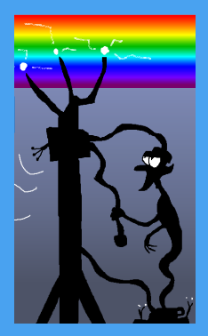 silhouette of a creature which is like a skinny man from the waist up, but comes to a long wavering point below the waist, floating in air, operating a machine which is connected to an overhead flow of rainbow magic