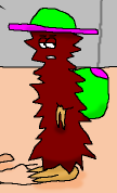 creature with brown spiky fur, having a discrete head set on an an upright columnar body with pale, two-digit hands and feet sticking out of it without much in the way of limbs, wearing green-and-magenta rucksack and wide-brimmed hat