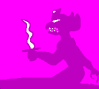 dark on light magenta silhouette of a creature with a snarling dog-like muzzle and what may be large back-swept dog-like ears, wearing a small headdress with a central gem, and clutching a wavy kukri-type sword