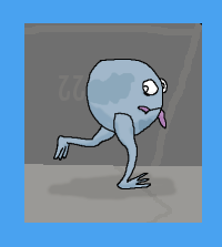 grey creature consisting of a round ball body with eyes and a mouth balanced on two long legs, running along with a strip of meat in its mouth