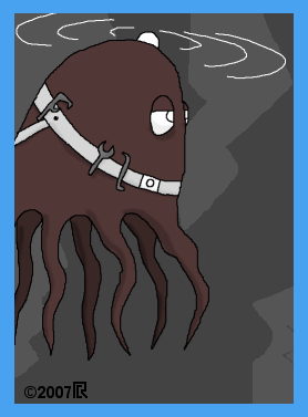 brown, hovering octopus with a rotating blade on the top, wearing a toolbelt