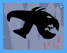 black outline of a creature with a scrawny, clawed arm and a strange head with three white bulbs and several loops sticking out of it