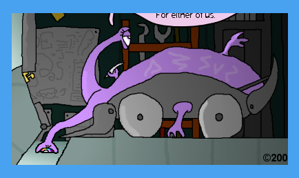 lilac slug-like creature lying in a wheeled wooden support, with two liitle pseudo-limbs sticking out and two stalked eyes, one of which is turned to look back over the body and the other peering downwards through a window set in the floor