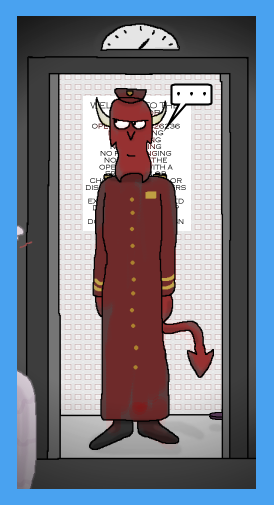 humanoid with tan skin, horns, downward points at the sides of the jaw and a long tail with an arrowhead-shaped tip, wearing a long brown frock-coat with brass buttons, standing in the entrance of a lift/elevator