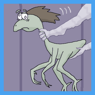 little pale-green therapod thing with a blunt tail and a brown hair or feather crest, being supported and restrained by white, slimy-looking hands