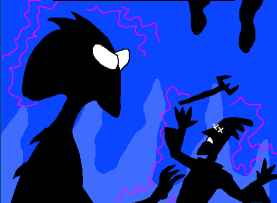 silhouette of head of large creature with back-projecting skull, smooth down-curved face, large slanting eyes and two backswept spikes on top of the head, using a crackle of magic to fend off an armed human