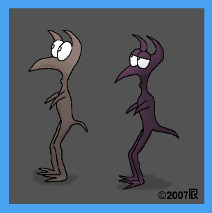 two skinny little bipeds, one beige and one purple, with well-developed legs but rudementary, spike-like arms, beak-like noses, big eyes, pointed, forwards-curving ears and stringy little tails