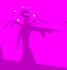 dark on light magenta silhouette of a robed humanoid creature with long pointed backswept ears and vestigial-looking, scrawny wings