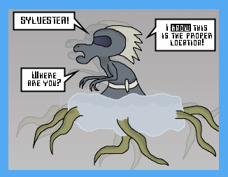 creature with a grey, vaguely lemur-like upper body with visor-like eyes (or eye) and a pale hair or feather crest on the back of the head, wearing a toolbelt, with the lower body either merging with or concealed in a floating cloud with six yellowish tentacles protruding from it