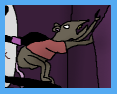 creature like a large rat, wearing a shirt and sitting on a Gnoll\'s knee, pointing at a screen